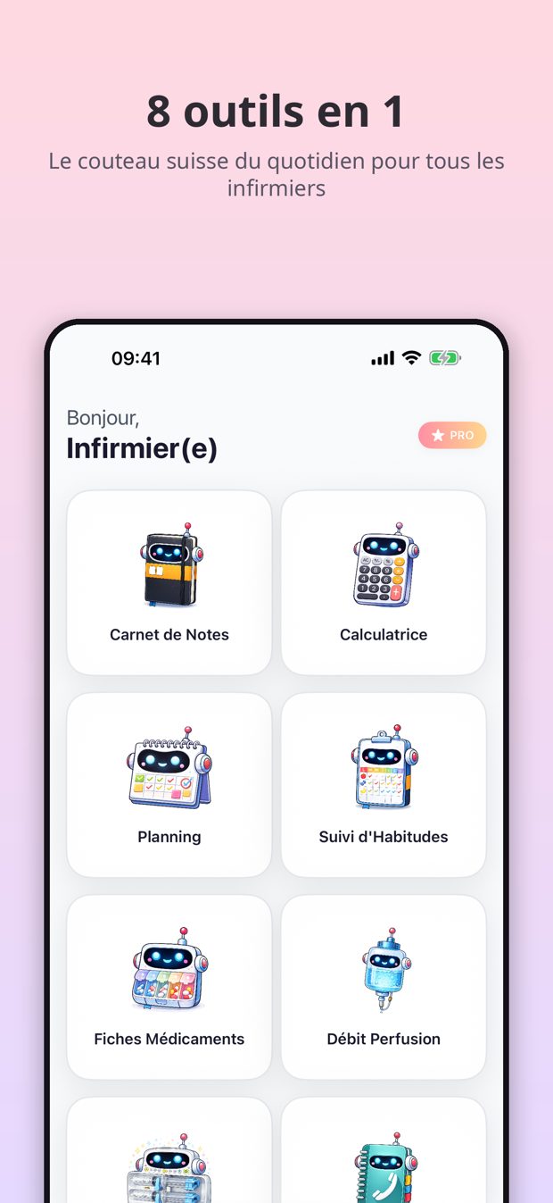 Écran d'accueil de Pocket Nurse avec ses 8 outils